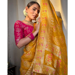 Mayawye Women's Soft Litchi Silk Jacquard Work Saree With Unstitched Blouse 5.5Mtr (Mustard Yellow)