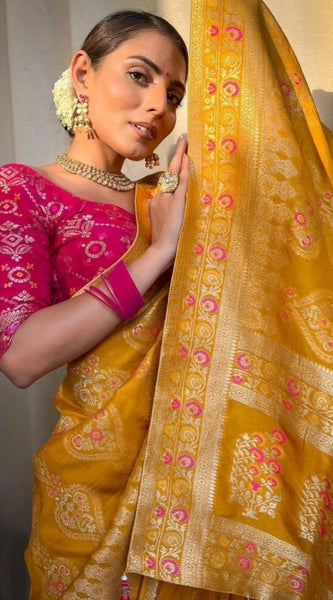 Mayawye Women's Soft Litchi Silk Jacquard Work Saree With Unstitched Blouse 5.5Mtr (Mustard Yellow)