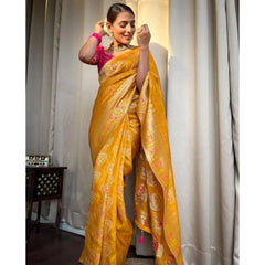 Mayawye Women's Soft Litchi Silk Jacquard Work Saree With Unstitched Blouse 5.5Mtr (Mustard Yellow)
