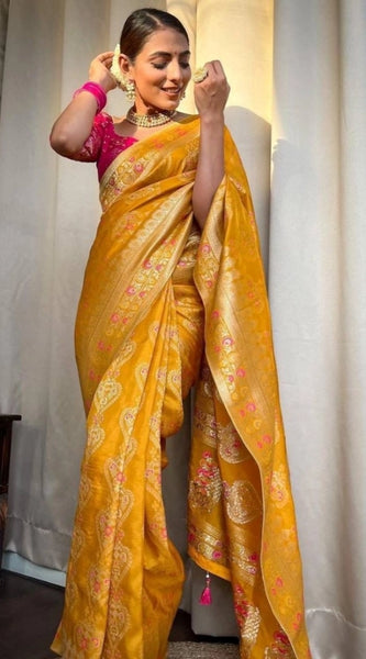 Mayawye Women's Soft Litchi Silk Jacquard Work Saree With Unstitched Blouse 5.5Mtr (Mustard Yellow)