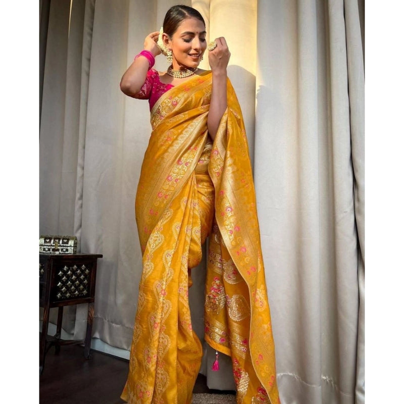 Mayawye Women's Soft Litchi Silk Jacquard Work Saree With Unstitched Blouse 5.5Mtr (Mustard Yellow)