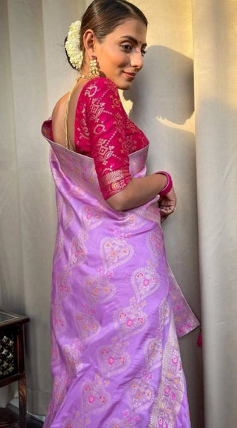 Mayawye Women's Soft Litchi Silk Jacquard Work Saree With Unstitched Blouse 5.5Mtr (Lavender)