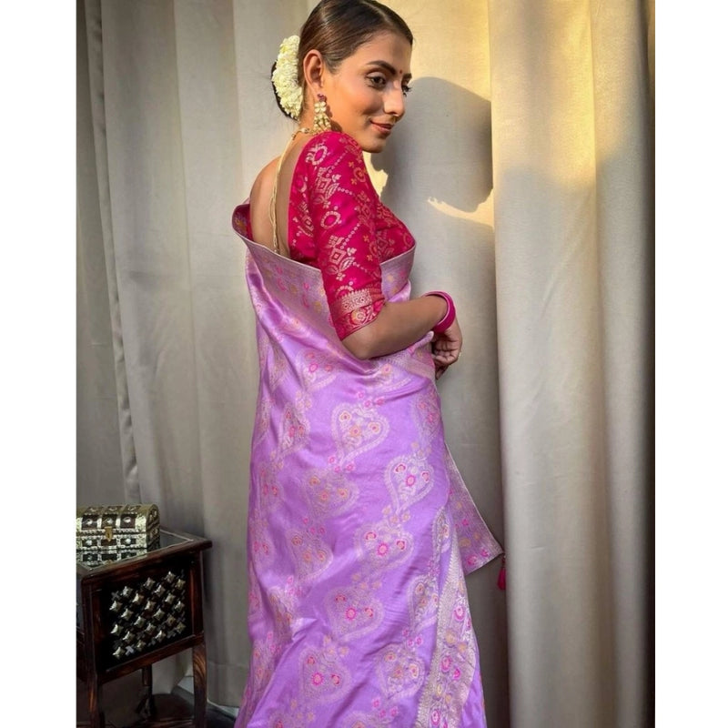 Mayawye Women's Soft Litchi Silk Jacquard Work Saree With Unstitched Blouse 5.5Mtr (Lavender)