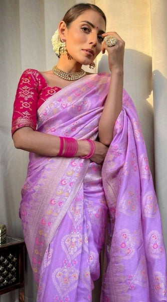 Mayawye Women's Soft Litchi Silk Jacquard Work Saree With Unstitched Blouse 5.5Mtr (Lavender)