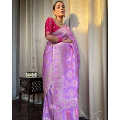 Mayawye Women's Soft Litchi Silk Jacquard Work Saree With Unstitched Blouse 5.5Mtr (Lavender)