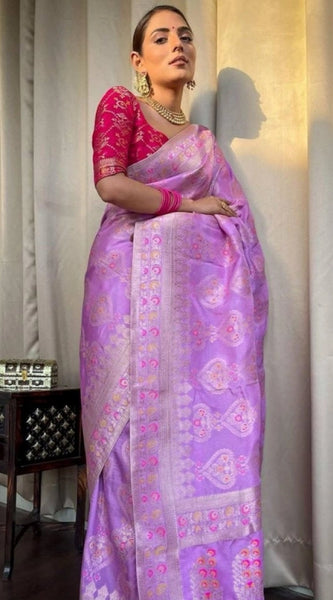 Mayawye Women's Soft Litchi Silk Jacquard Work Saree With Unstitched Blouse 5.5Mtr (Lavender)