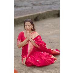 Mayawye Women's Soft Litchi Silk Jacquard Work Saree With Unstitched Blouse 5.5Mtr (Pink)