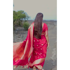 Mayawye Women's Soft Litchi Silk Jacquard Work Saree With Unstitched Blouse 5.5Mtr (Pink)