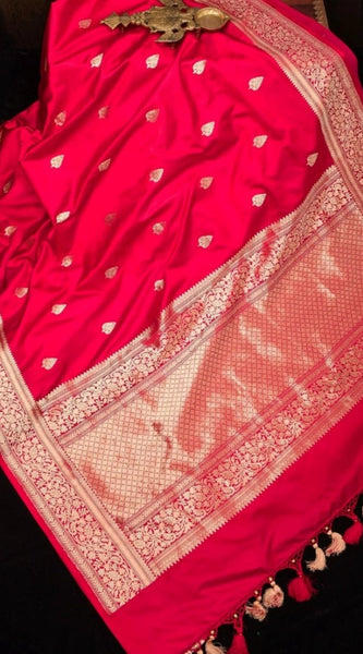 Mayawye Women's Soft Litchi Silk Jacquard Work Saree With Unstitched Blouse 5.5Mtr (Pink)
