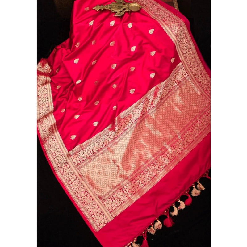 Mayawye Women's Soft Litchi Silk Jacquard Work Saree With Unstitched Blouse 5.5Mtr (Pink)