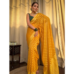 Mayawye Women's Soft Litchi Silk Jacquard Work Saree With Unstitched Blouse 5.5Mtr (Yellow)