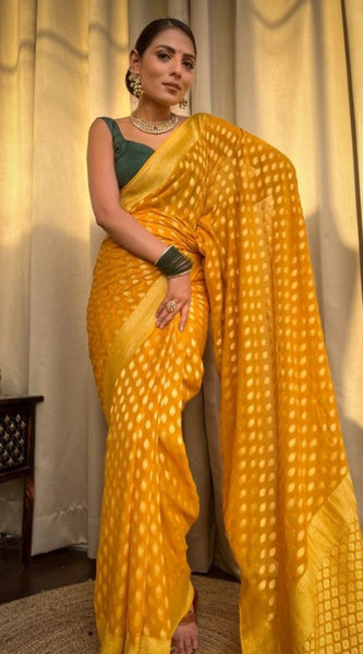 Mayawye Women's Soft Litchi Silk Jacquard Work Saree With Unstitched Blouse 5.5Mtr (Yellow)
