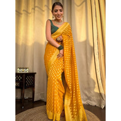 Mayawye Women's Soft Litchi Silk Jacquard Work Saree With Unstitched Blouse 5.5Mtr (Yellow)