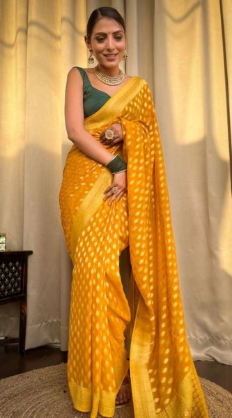 Mayawye Women's Soft Litchi Silk Jacquard Work Saree With Unstitched Blouse 5.5Mtr (Yellow)