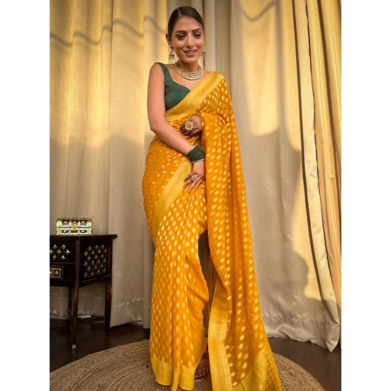 Mayawye Women's Soft Litchi Silk Jacquard Work Saree With Unstitched Blouse 5.5Mtr (Yellow)
