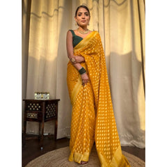 Mayawye Women's Soft Litchi Silk Jacquard Work Saree With Unstitched Blouse 5.5Mtr (Yellow)