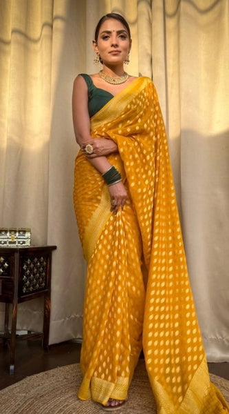 Mayawye Women's Soft Litchi Silk Jacquard Work Saree With Unstitched Blouse 5.5Mtr (Yellow)