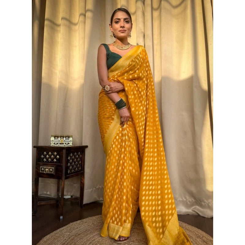 Mayawye Women's Soft Litchi Silk Jacquard Work Saree With Unstitched Blouse 5.5Mtr (Yellow)