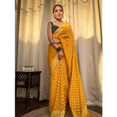 Mayawye Women's Soft Litchi Silk Jacquard Work Saree With Unstitched Blouse 5.5Mtr (Yellow)