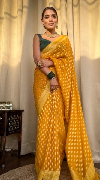 Mayawye Women's Soft Litchi Silk Jacquard Work Saree With Unstitched Blouse 5.5Mtr (Yellow)