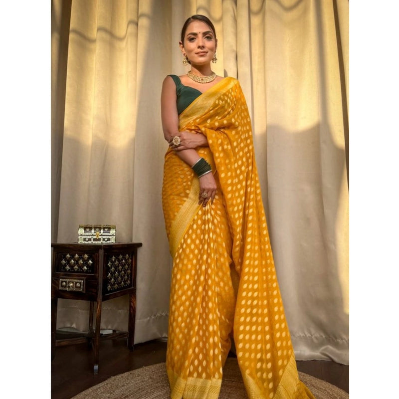 Mayawye Women's Soft Litchi Silk Jacquard Work Saree With Unstitched Blouse 5.5Mtr (Yellow)
