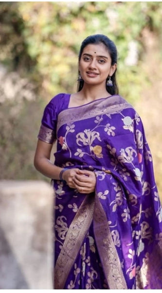 Mayawye Women's Soft Litchi Silk Jacquard Work Saree With Unstitched Blouse 5.5Mtr (Purple)