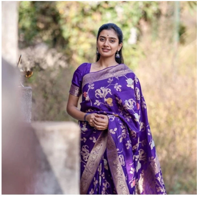 Mayawye Women's Soft Litchi Silk Jacquard Work Saree With Unstitched Blouse 5.5Mtr (Purple)