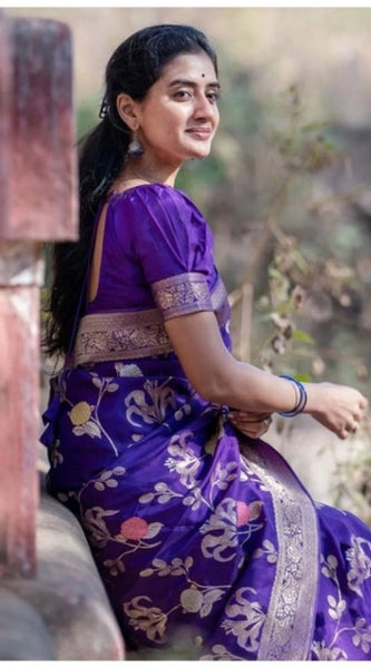 Mayawye Women's Soft Litchi Silk Jacquard Work Saree With Unstitched Blouse 5.5Mtr (Purple)