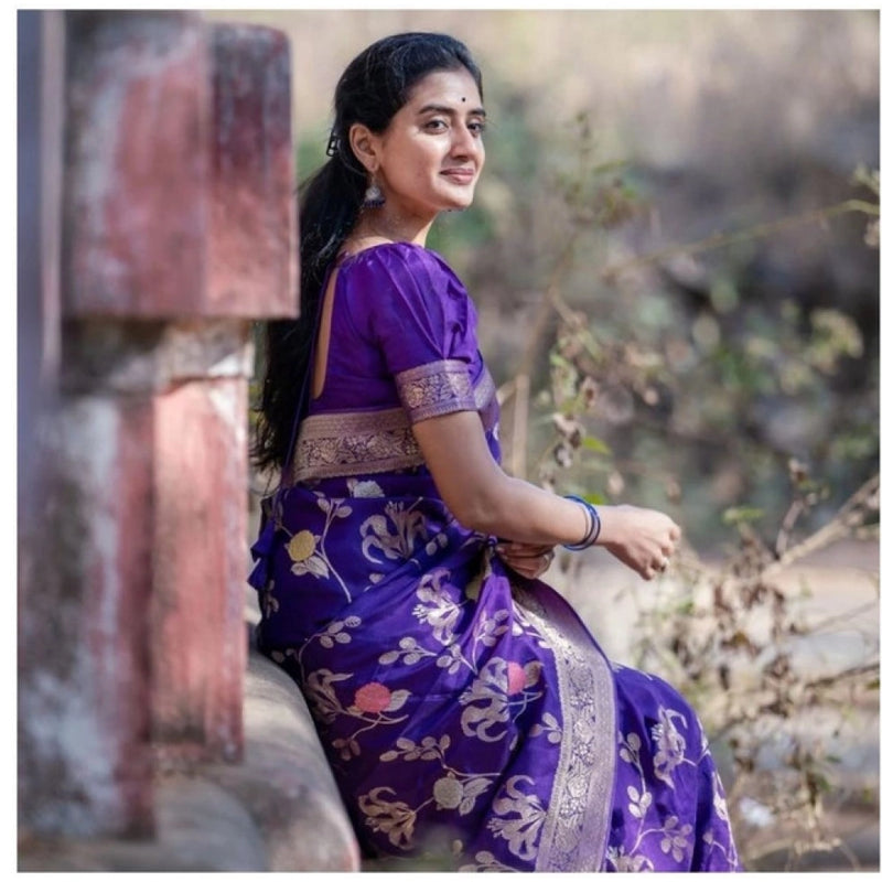 Mayawye Women's Soft Litchi Silk Jacquard Work Saree With Unstitched Blouse 5.5Mtr (Purple)