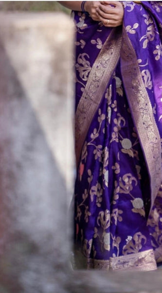 Mayawye Women's Soft Litchi Silk Jacquard Work Saree With Unstitched Blouse 5.5Mtr (Purple)