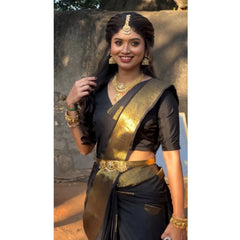 Mayawye Women's Soft Litchi Silk Jacquard Work Saree With Unstitched Blouse 5.5Mtr (Black)