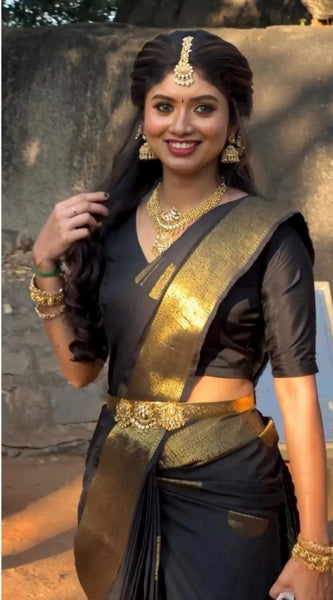 Mayawye Women's Soft Litchi Silk Jacquard Work Saree With Unstitched Blouse 5.5Mtr (Black)