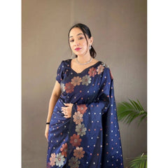 Mayawye Women's Soft Litchi Silk Jacquard Work Saree With Unstitched Blouse 5.5Mtr (Navy Blue)