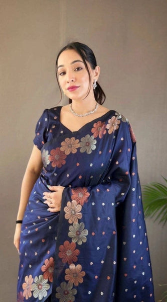 Mayawye Women's Soft Litchi Silk Jacquard Work Saree With Unstitched Blouse 5.5Mtr (Navy Blue)
