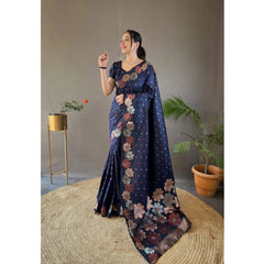 Mayawye Women's Soft Litchi Silk Jacquard Work Saree With Unstitched Blouse 5.5Mtr (Navy Blue)