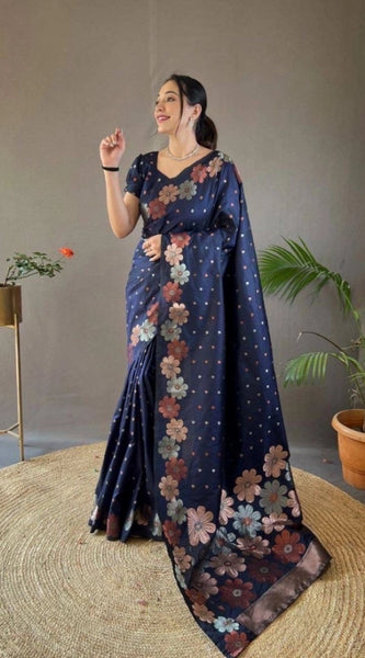 Mayawye Women's Soft Litchi Silk Jacquard Work Saree With Unstitched Blouse 5.5Mtr (Navy Blue)