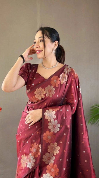 Mayawye Women's Soft Litchi Silk Jacquard Work Saree With Unstitched Blouse 5.5Mtr (Maroon)