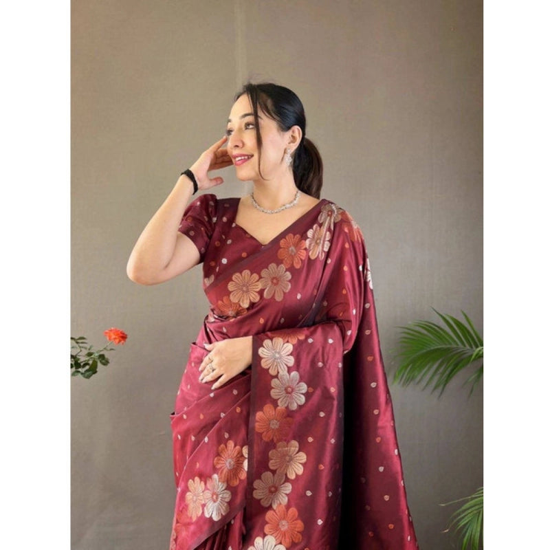 Mayawye Women's Soft Litchi Silk Jacquard Work Saree With Unstitched Blouse 5.5Mtr (Maroon)