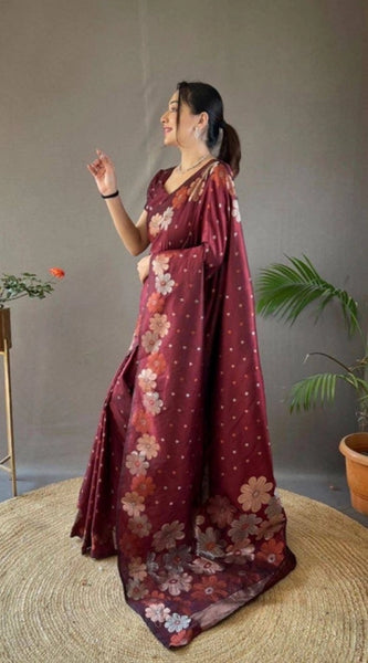 Mayawye Women's Soft Litchi Silk Jacquard Work Saree With Unstitched Blouse 5.5Mtr (Maroon)