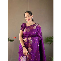 Mayawye Women's Soft Litchi Silk Jacquard Work Saree With Unstitched Blouse 5.5Mtr (Purple)