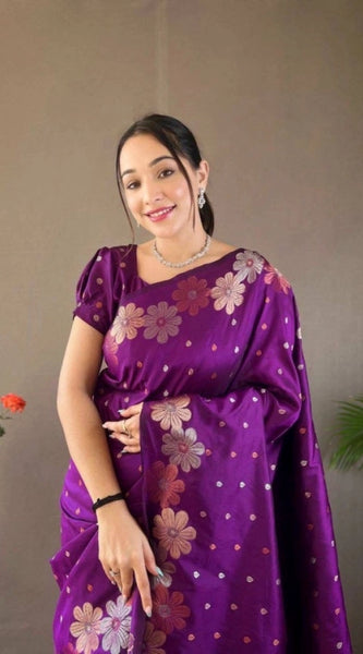 Mayawye Women's Soft Litchi Silk Jacquard Work Saree With Unstitched Blouse 5.5Mtr (Purple)