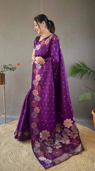 Mayawye Women's Soft Litchi Silk Jacquard Work Saree With Unstitched Blouse 5.5Mtr (Purple)