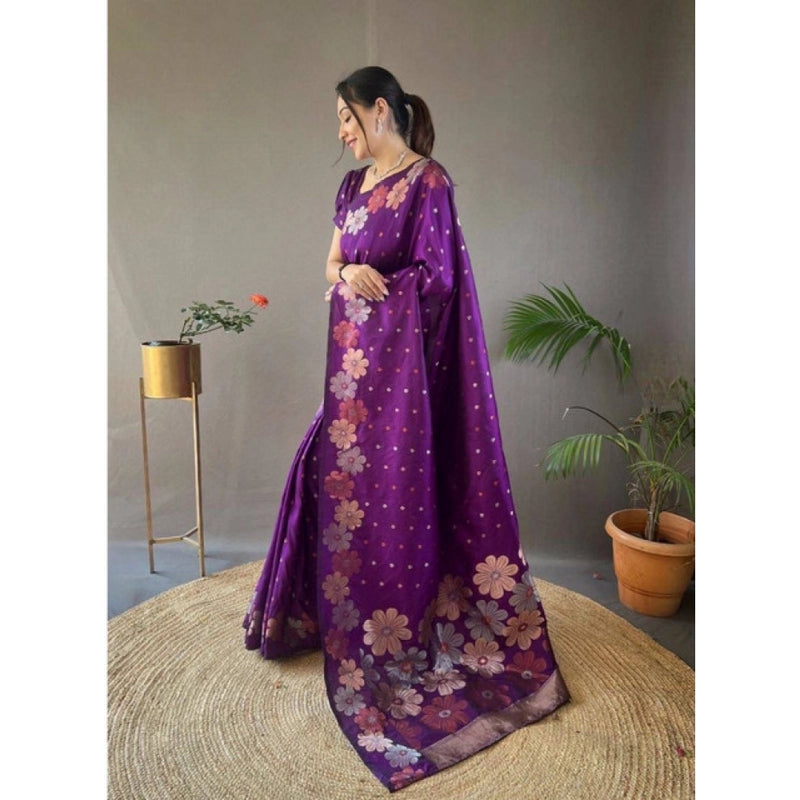 Mayawye Women's Soft Litchi Silk Jacquard Work Saree With Unstitched Blouse 5.5Mtr (Purple)