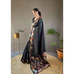 Mayawye Women's Soft Litchi Silk Jacquard Work Saree With Unstitched Blouse 5.5Mtr (Black)