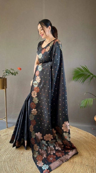 Mayawye Women's Soft Litchi Silk Jacquard Work Saree With Unstitched Blouse 5.5Mtr (Black)