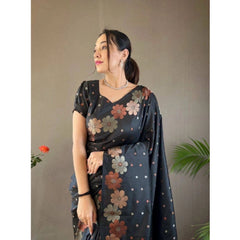 Mayawye Women's Soft Litchi Silk Jacquard Work Saree With Unstitched Blouse 5.5Mtr (Black)