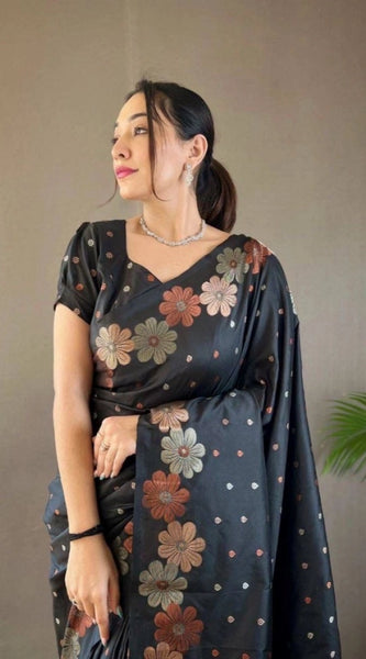 Mayawye Women's Soft Litchi Silk Jacquard Work Saree With Unstitched Blouse 5.5Mtr (Black)