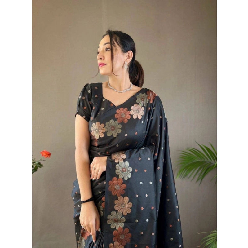 Mayawye Women's Soft Litchi Silk Jacquard Work Saree With Unstitched Blouse 5.5Mtr (Black)