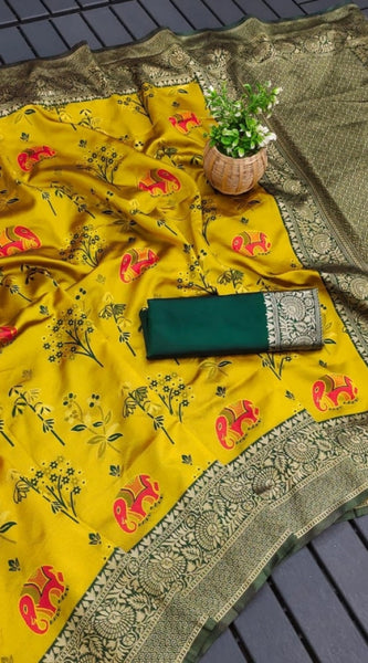 Mayawye Women's Soft Litchi Silk Jacquard Work Saree With Unstitched Blouse 5.5Mtr (Yellow)