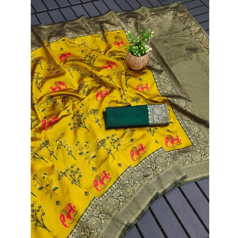 Mayawye Women's Soft Litchi Silk Jacquard Work Saree With Unstitched Blouse 5.5Mtr (Yellow)